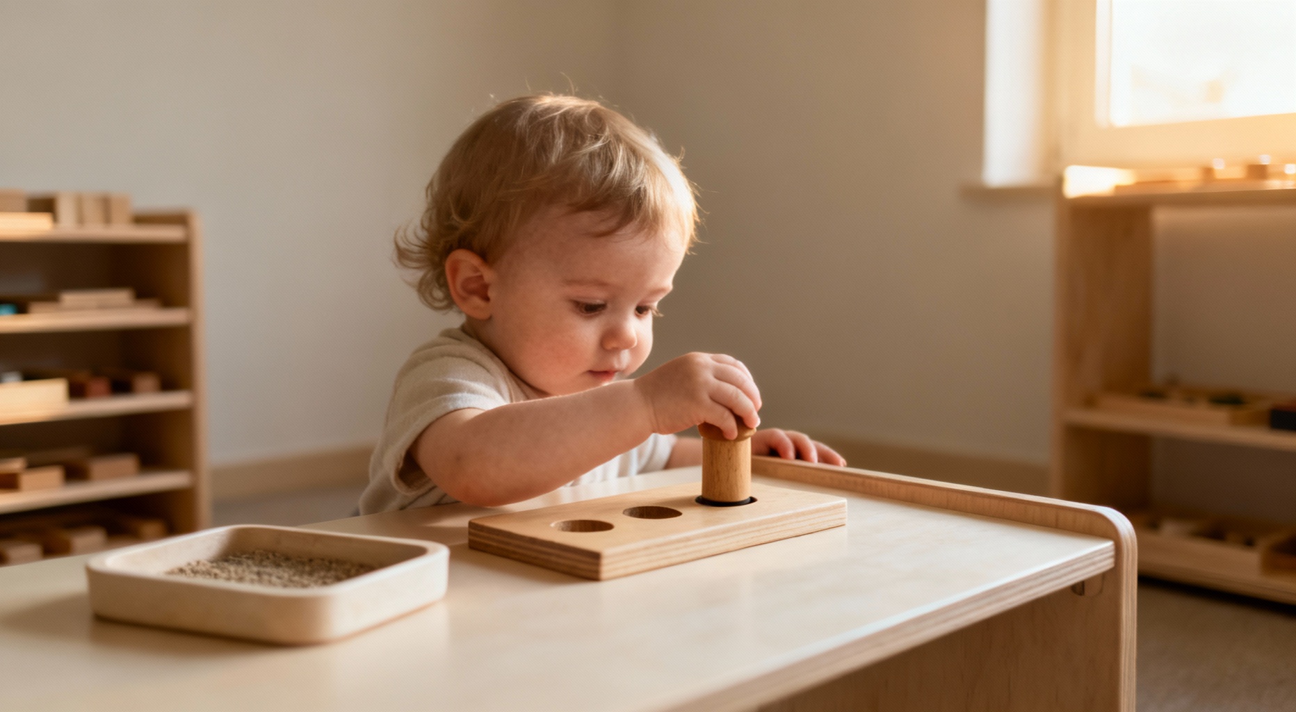 tout petit concentre sur un jouet en bois