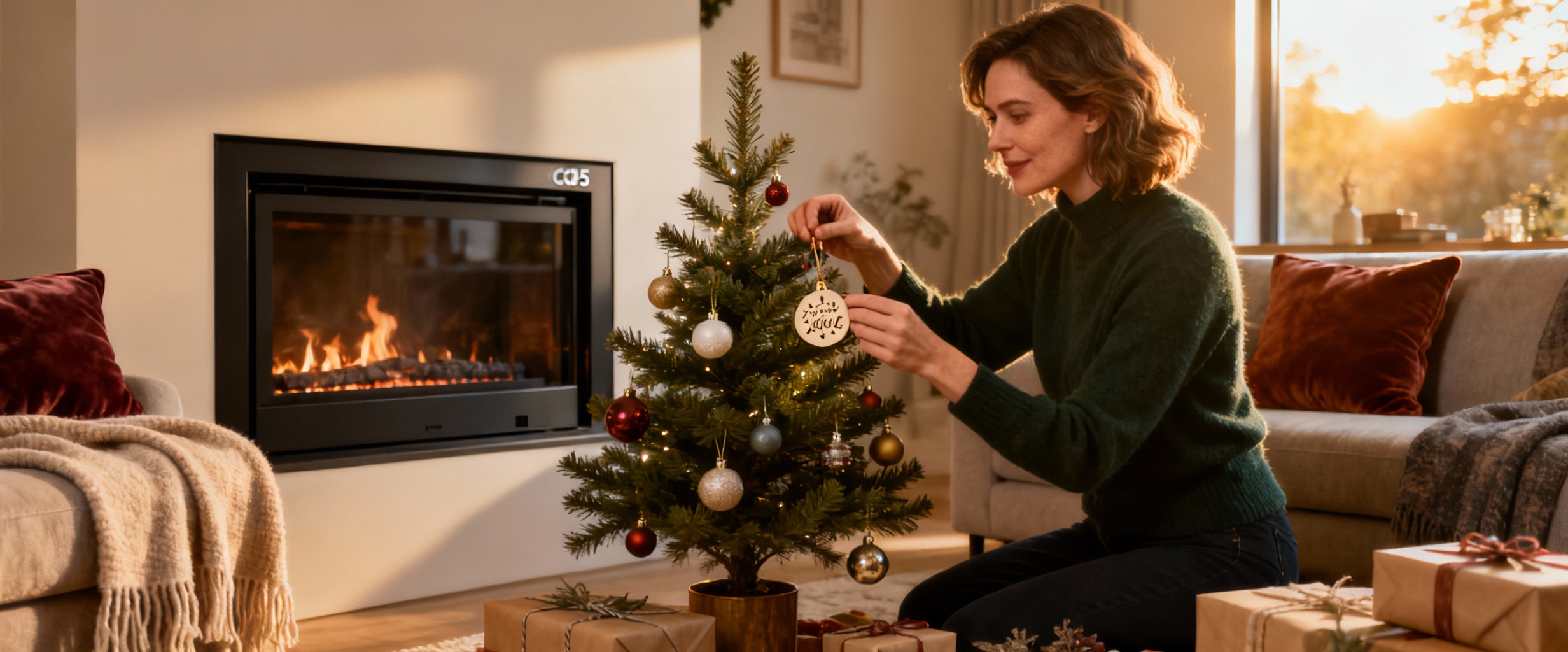 salon cosy noel avec arbre et cheminee