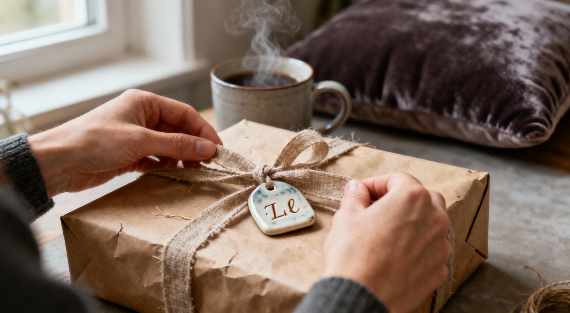 mains enveloppant un cadeau artisanal