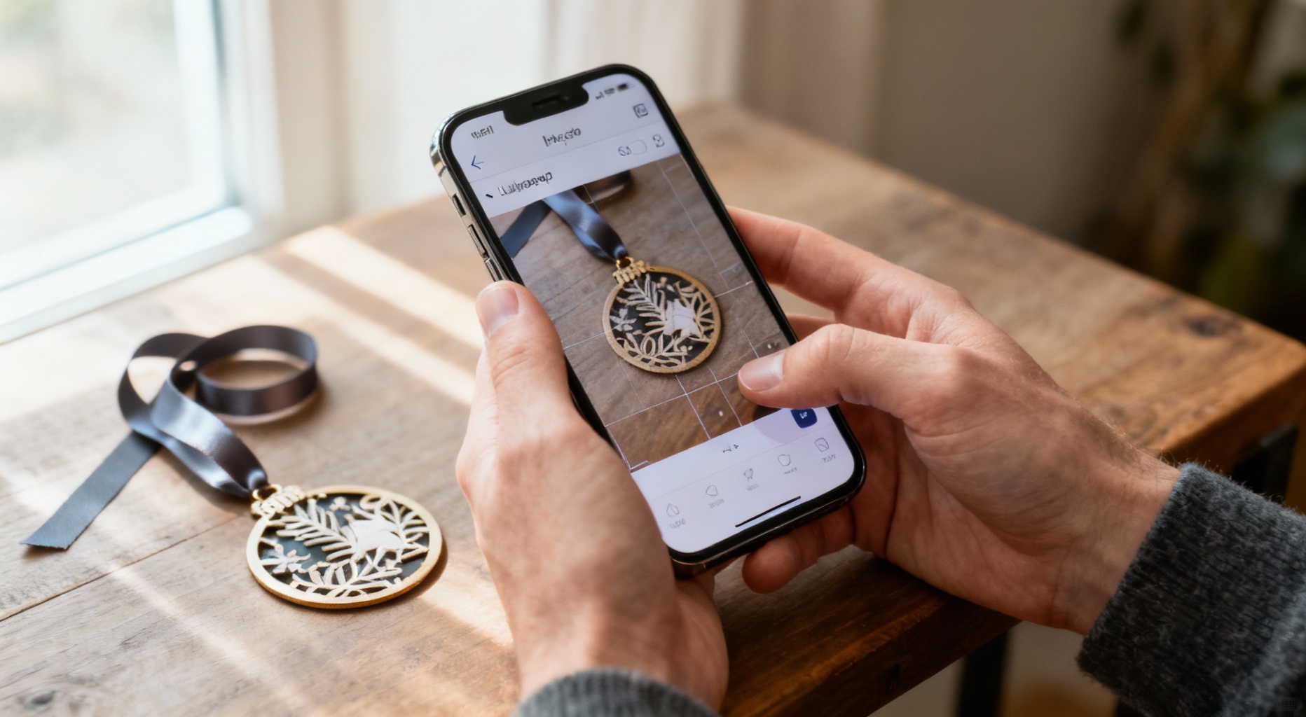 mains caucasiennes tenant smartphone avec mockup ornements