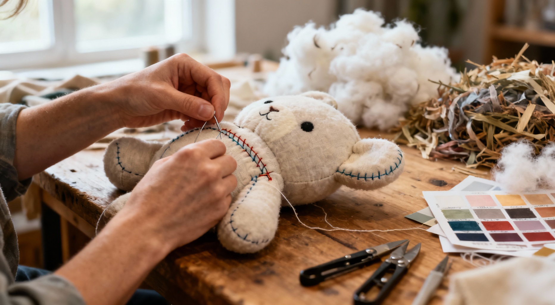 mains cousant une peluche artisanale