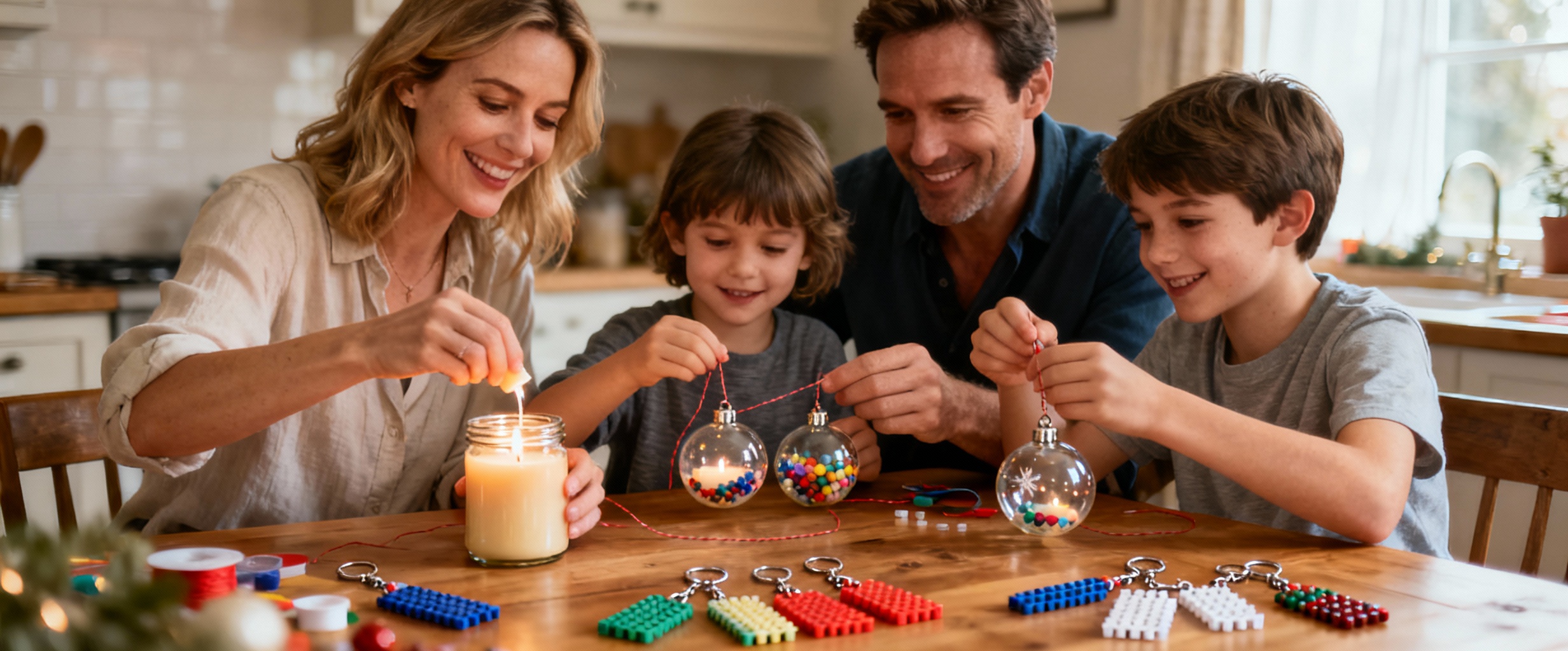 famille fabriquant des cadeaux de noel