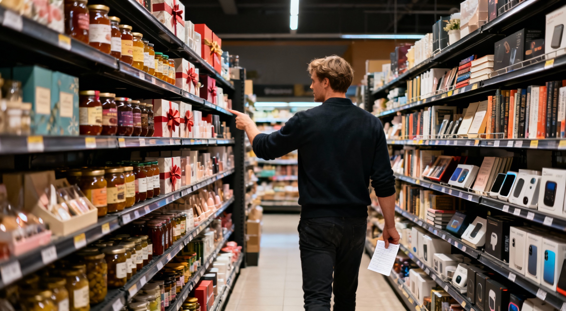 acheteur choisit des cadeaux au supermarche
