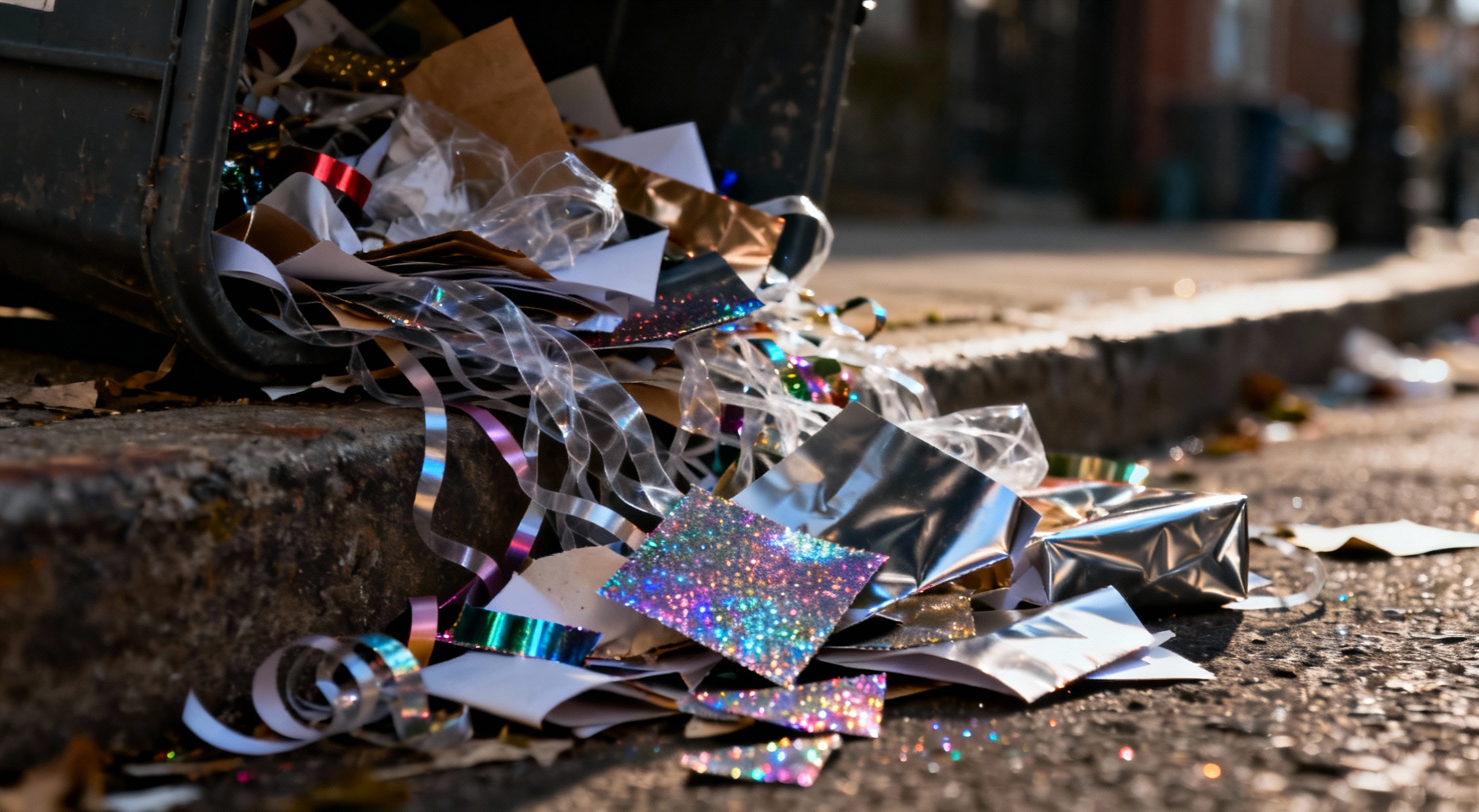 papiers cadeau jetes sur le trottoir