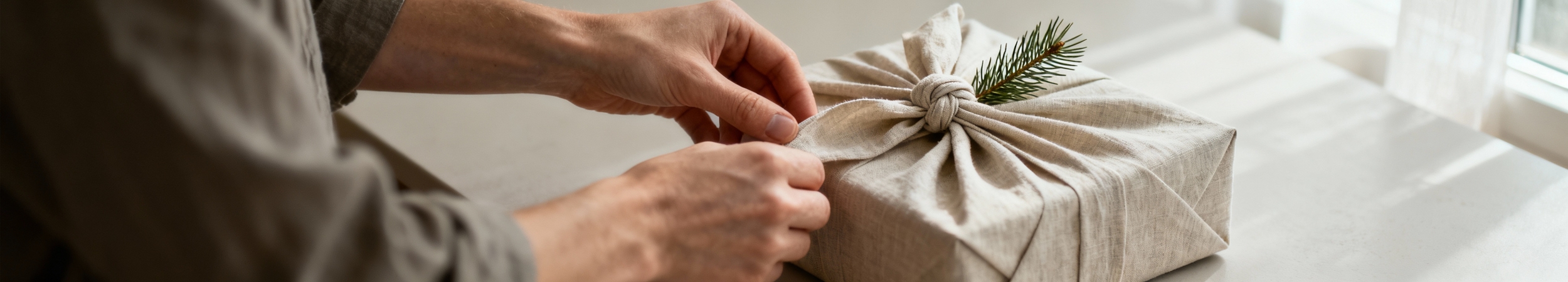 mains montrant le furoshiki autour d un cadeau