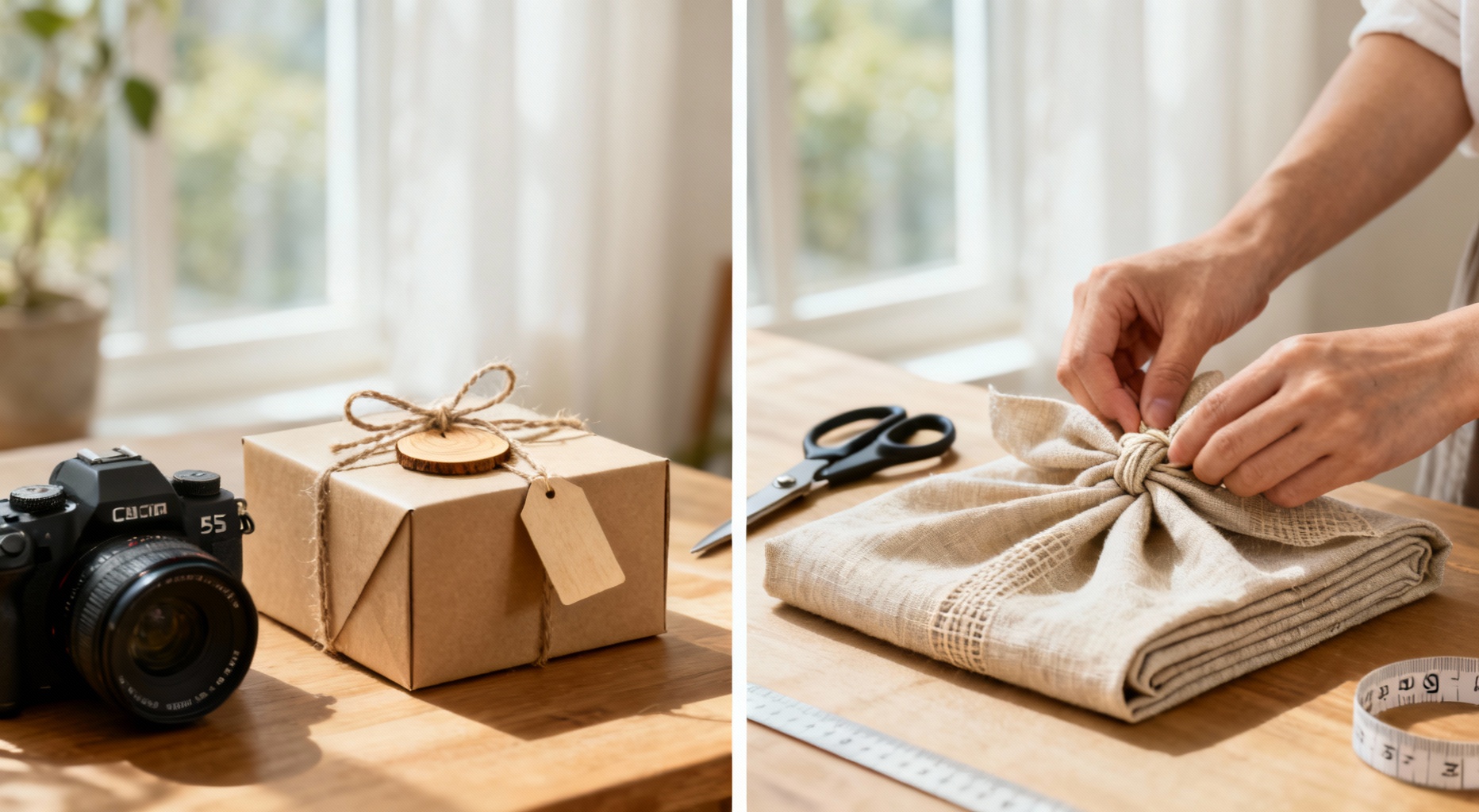 boites kraft et furoshiki noue par les mains