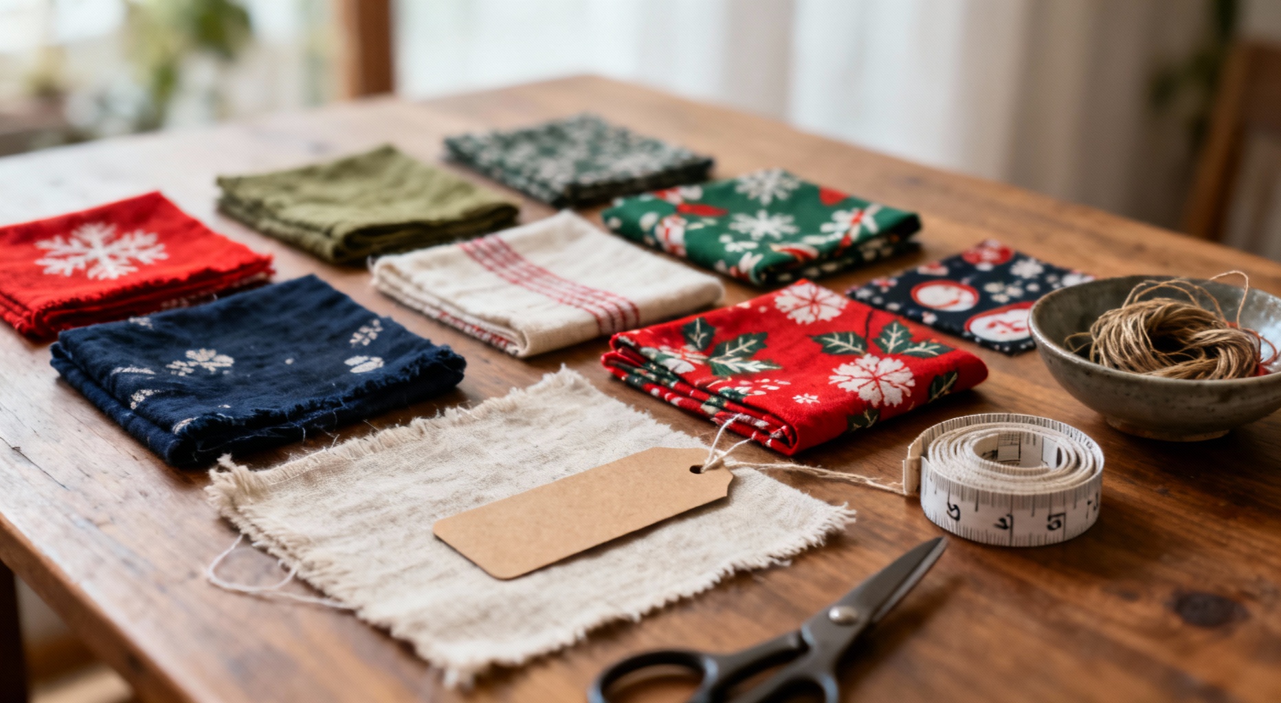 flat lay furoshiki textiles noel