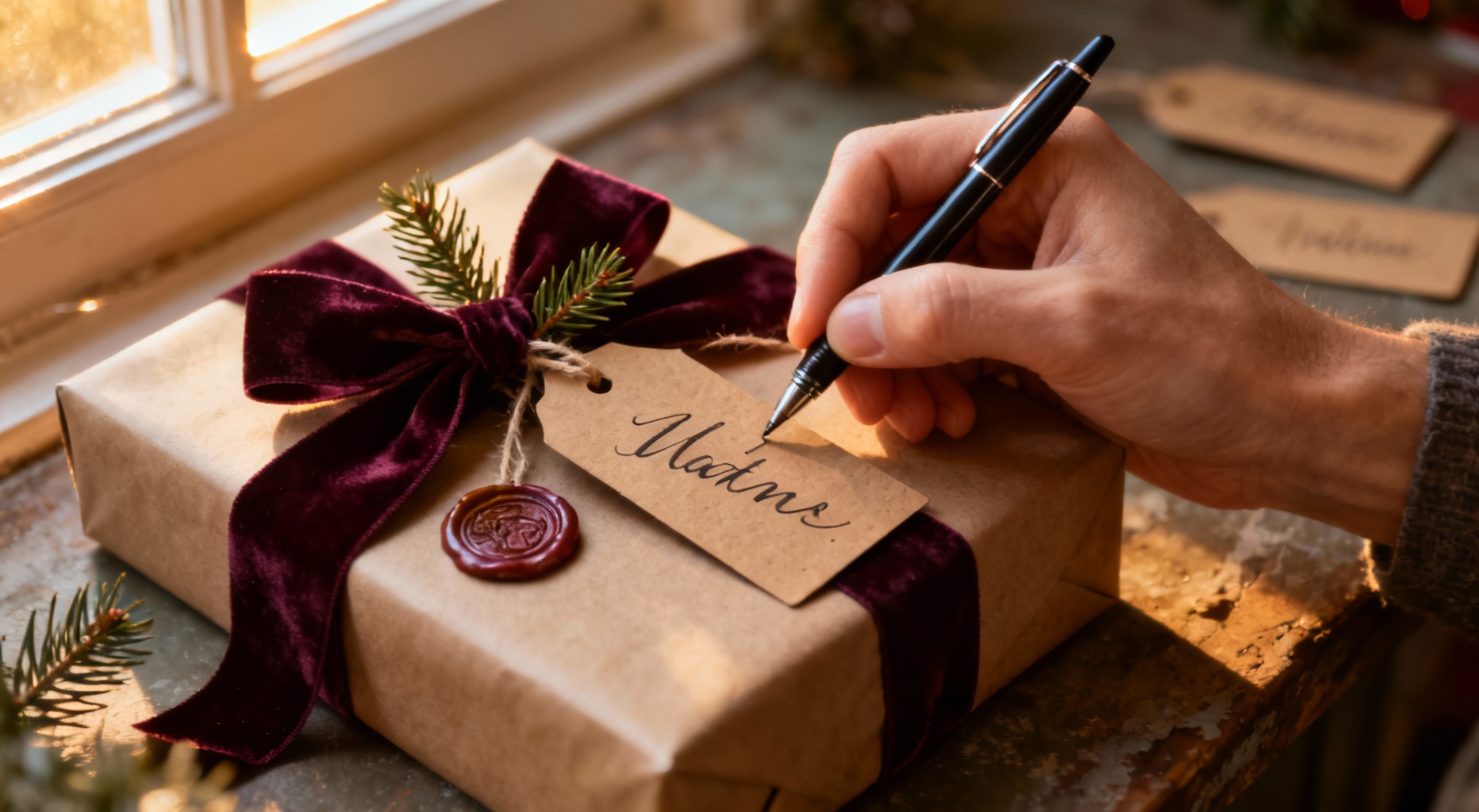 etiquettes cadeau noel sur table rustique