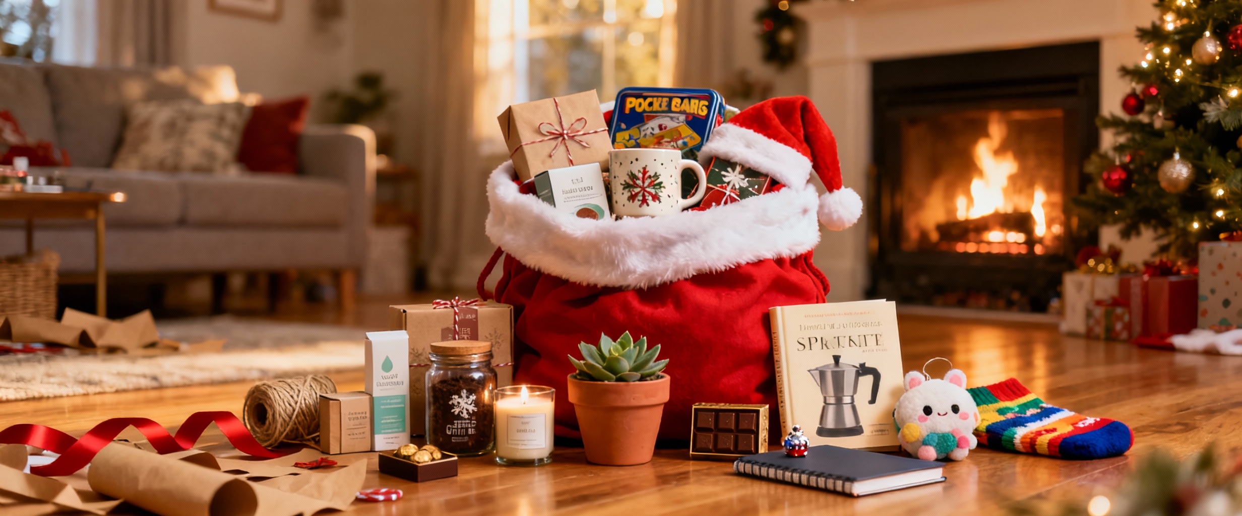 sac de cadeaux de noel sur salon chaleureux