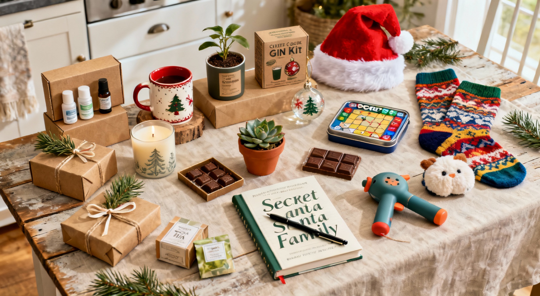 cadeaux secret santa sur table rustique