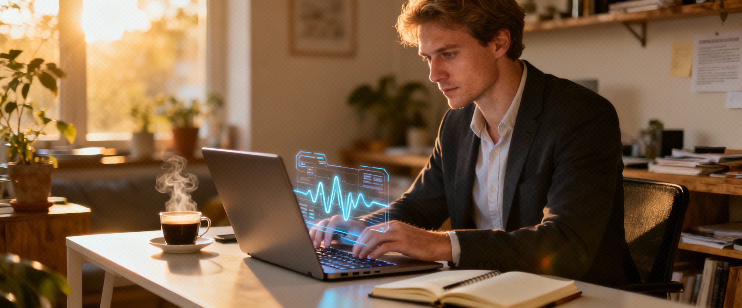 professionnel au bureau avec hologrammes ia