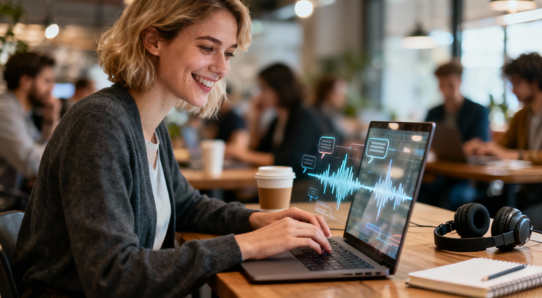 femme souriante avec ordinateur portable coworking