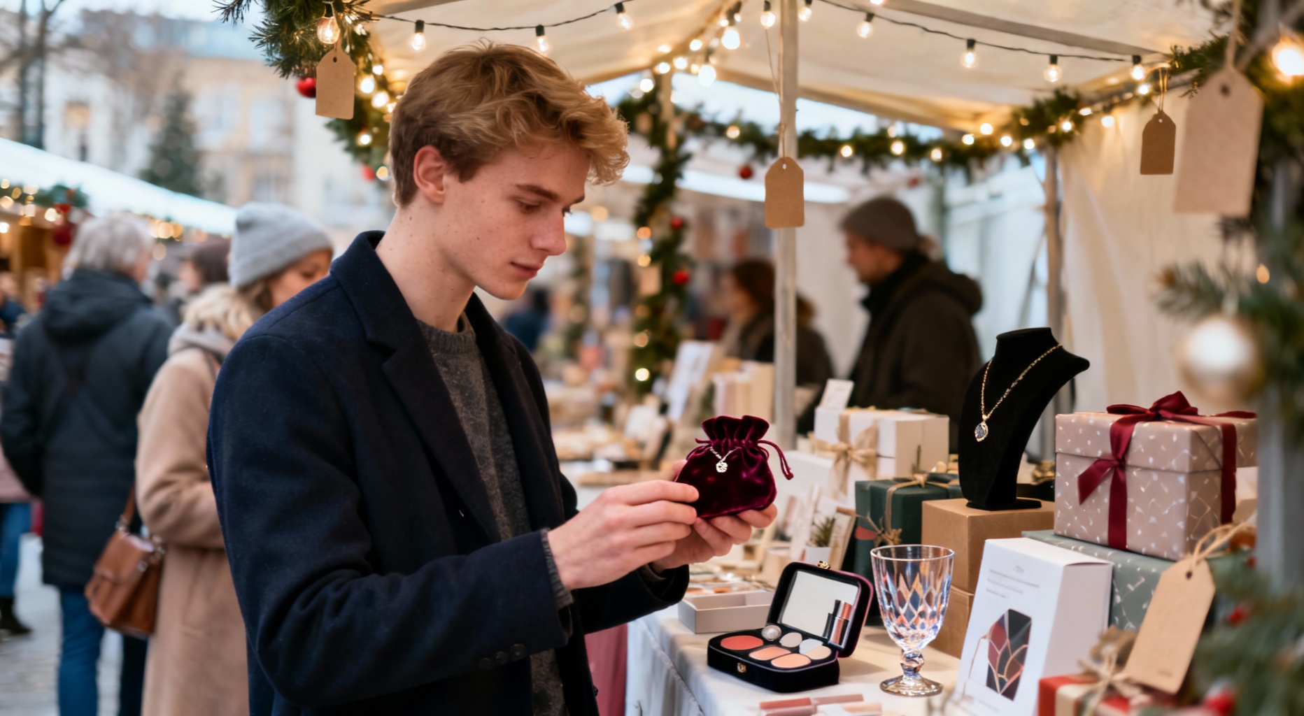 jeune homme observe cadeaux noel