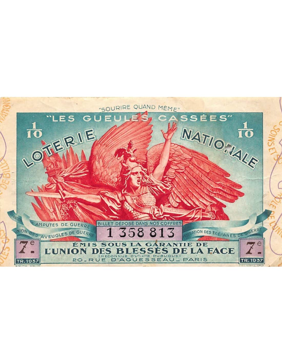 billet de loterie nationale les gueules cassees 1937