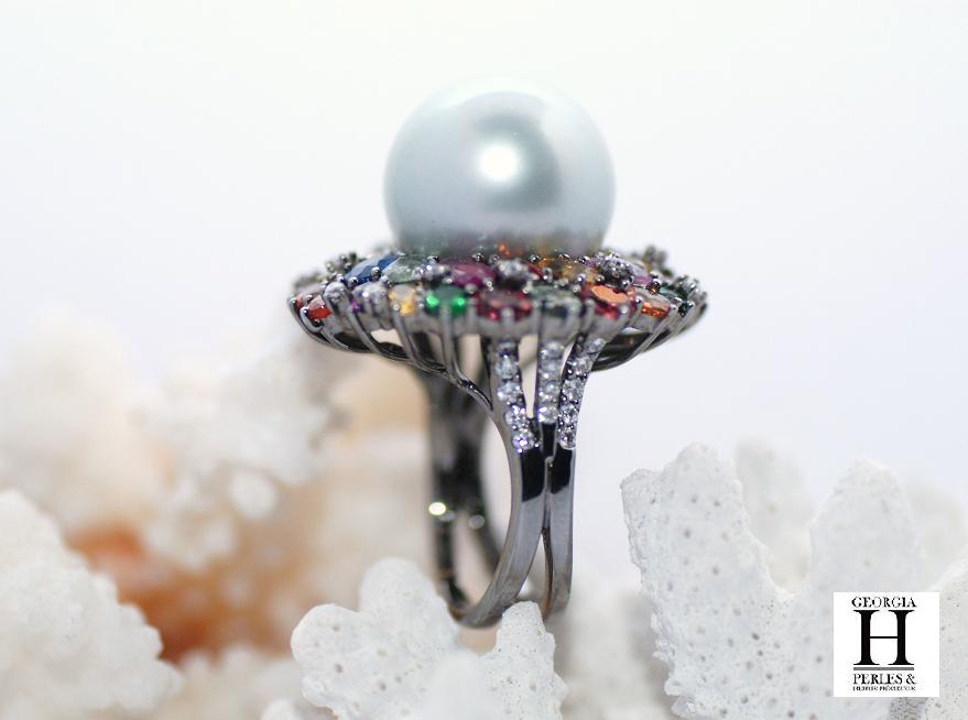 Bague Saphirs , brillants, tsavorites  et perle de tahiti (6)