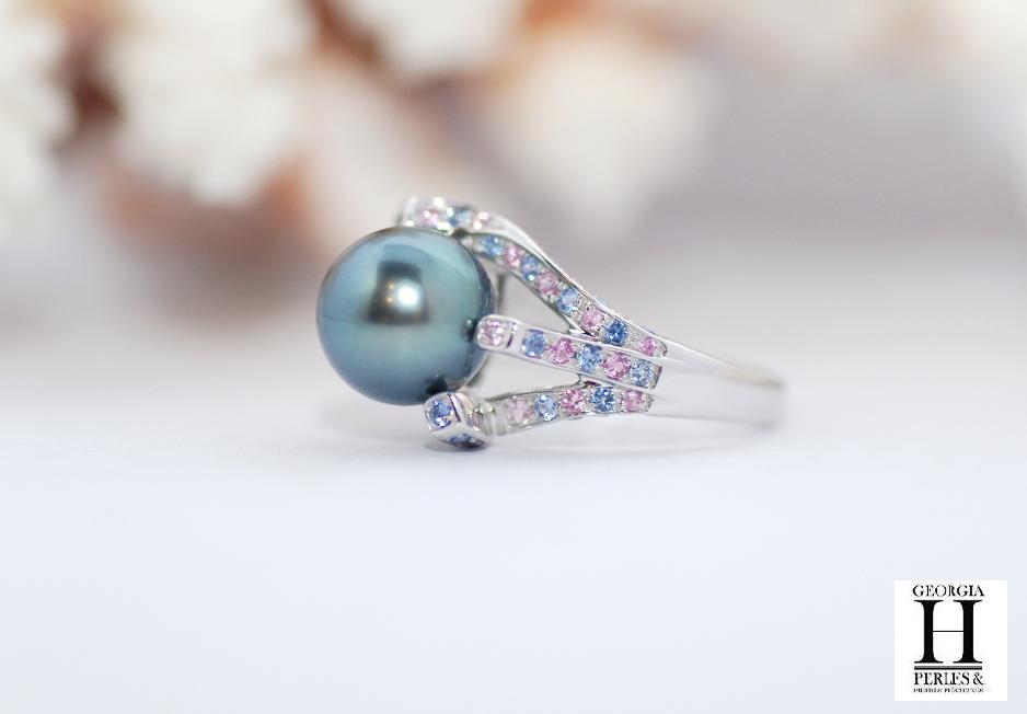 Bague Saphirs violets et bleus et perle de tahiti  (7)
