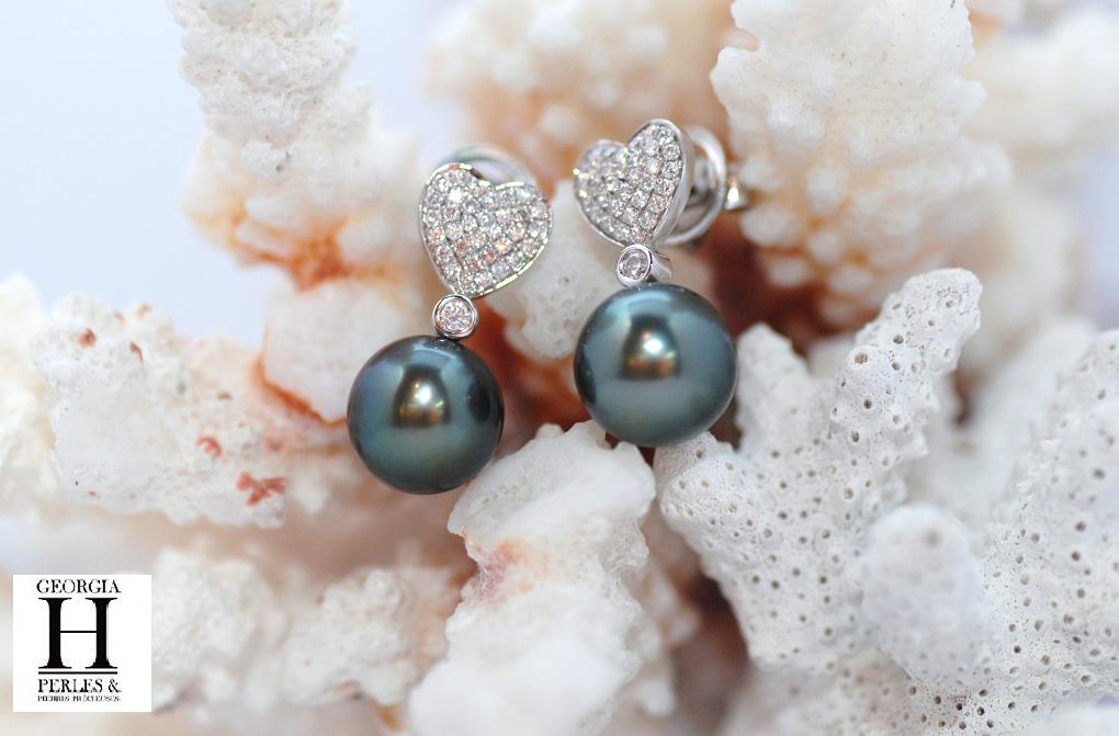 Pendants doreilles Coeurs en brillants et perles de tahiti (6)