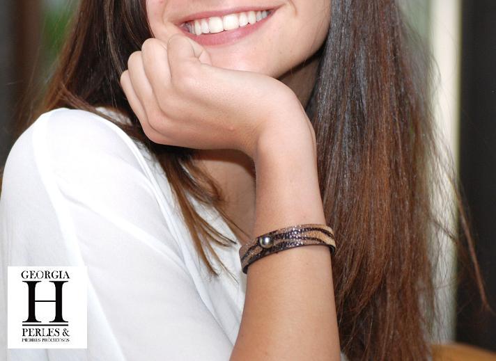 Bracelet Africa galuchat zébré et perle de tahiti