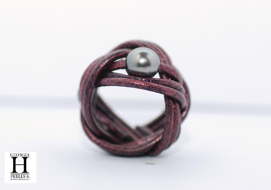 Bague noeud cuir aubergine et perle de tahiti (11)