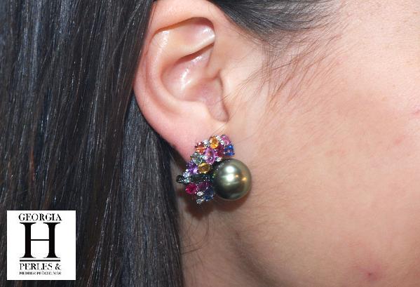 Boucles doreilles Saphirs multicolors, brillants et perles de tahiti vert rosé tropical