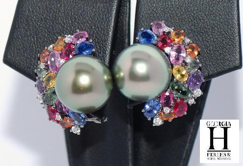 Boucles doreilles Saphirs multicolors, brillants et perles de tahiti vert rosé tropical (5)