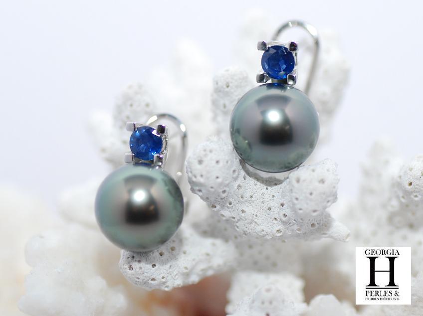 Boucles doreilles saphirs bleu et perles de tahiti bleu vert jungle (7)