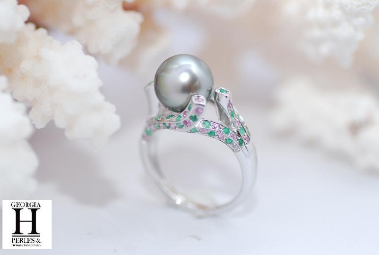 Bague Saphirs, grenats tsavorites et perle de tahiti  (4)