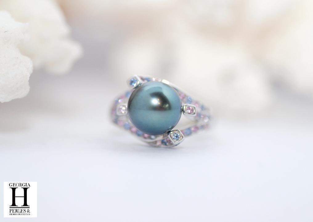 Bague Saphirs violets et bleus et perle de tahiti  (6)
