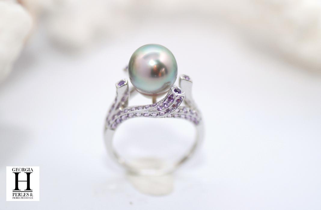 Bague Saphirs violets et perle de tahiti (2)