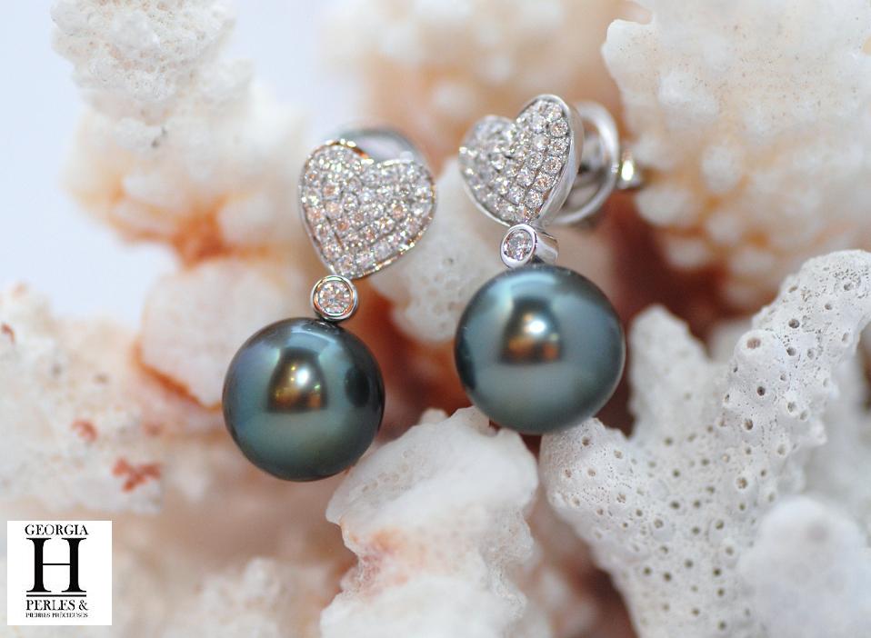 Pendants doreilles Coeurs en brillants et perles de tahiti