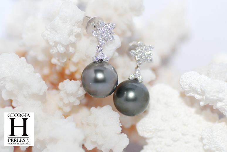 Boucles doreilles Flocons de brillants et perles de tahiti (2)