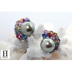 Boucles d'oreilles Saphirs multicolors, brillants et perles de tahiti vert rosé tropical (3)