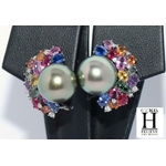 Boucles doreilles Saphirs multicolors, brillants et perles de tahiti vert rosé tropical (5)