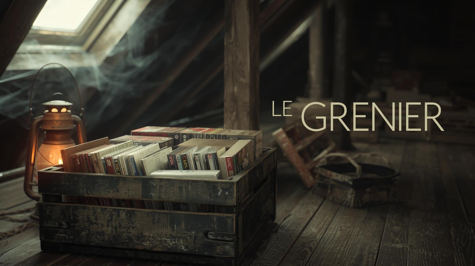 render a photorealistic scene 1500x500 of an old attic grenier with wooden beams cobwebs and a slanted roof window letting in soft daylight in th