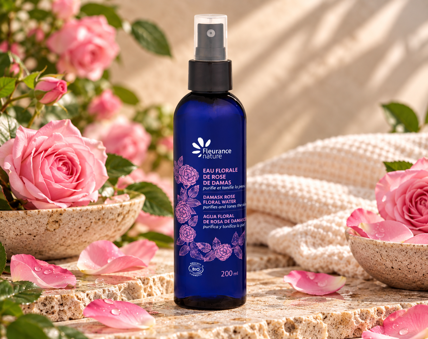 Eau florale de rose sur pierre naturelle