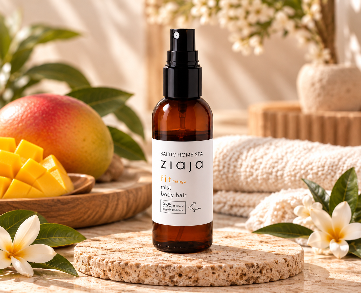 Brume corporelle mangue dans un décor spa