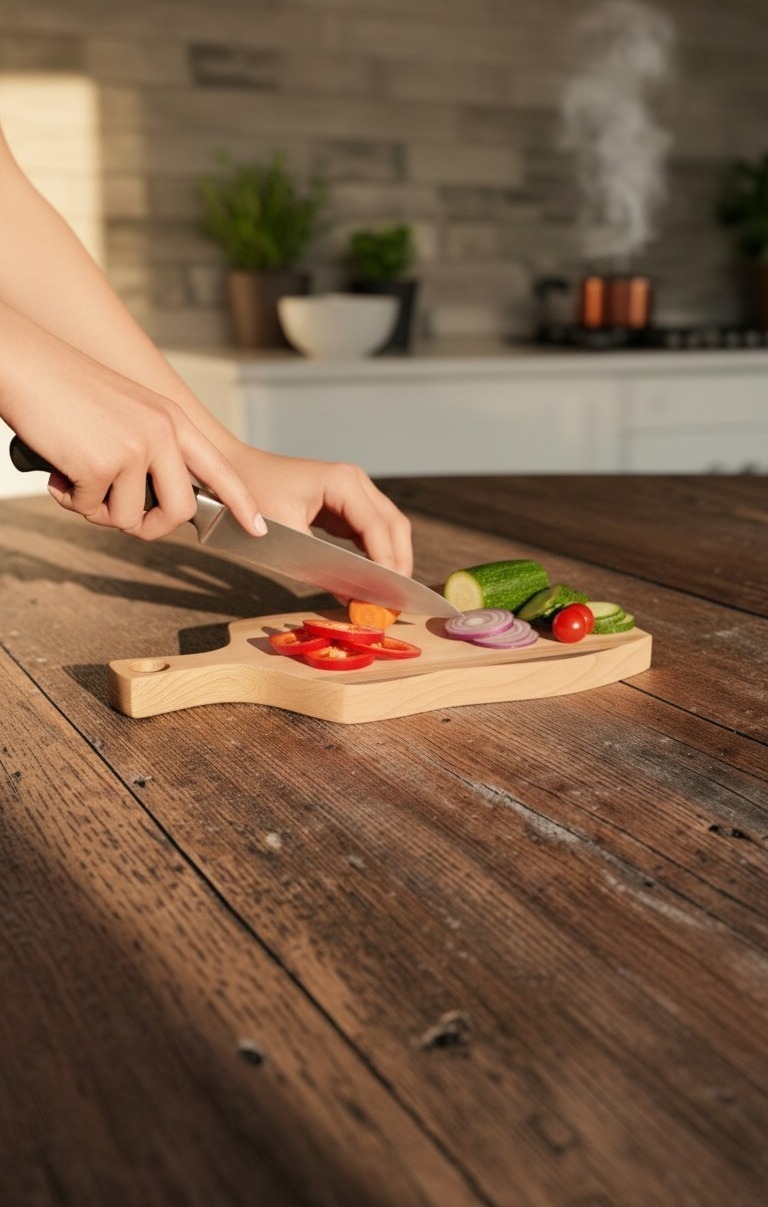 planche à découper artisanale en bois naturel chêne, hêtre et noyer