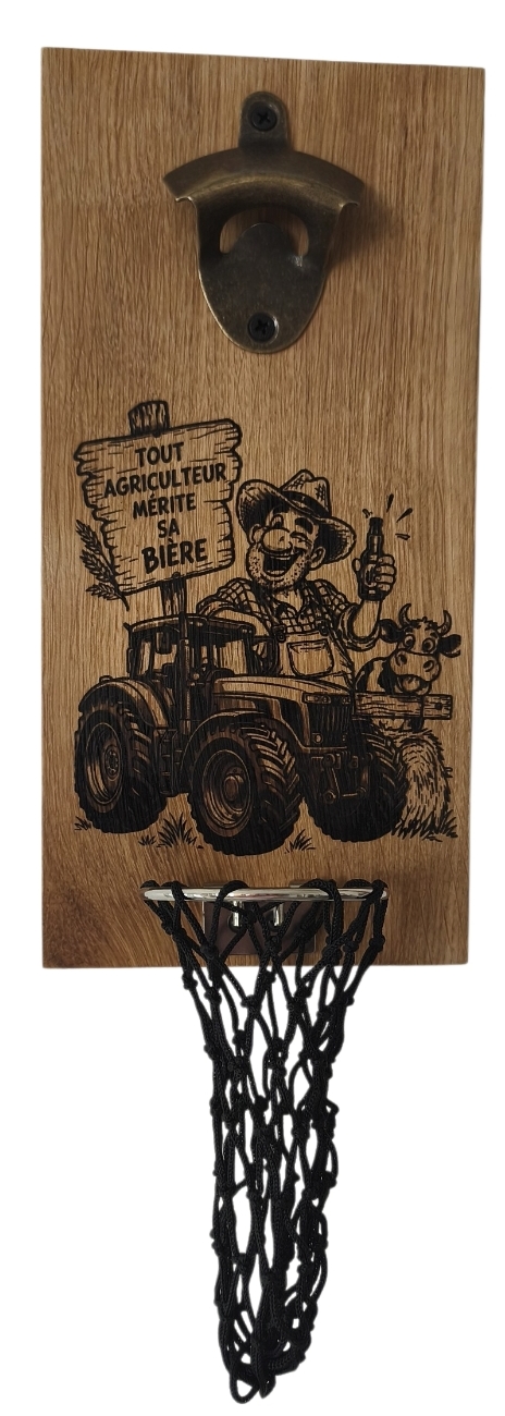 Décapsuleur mural en chêne avec son récupérateur