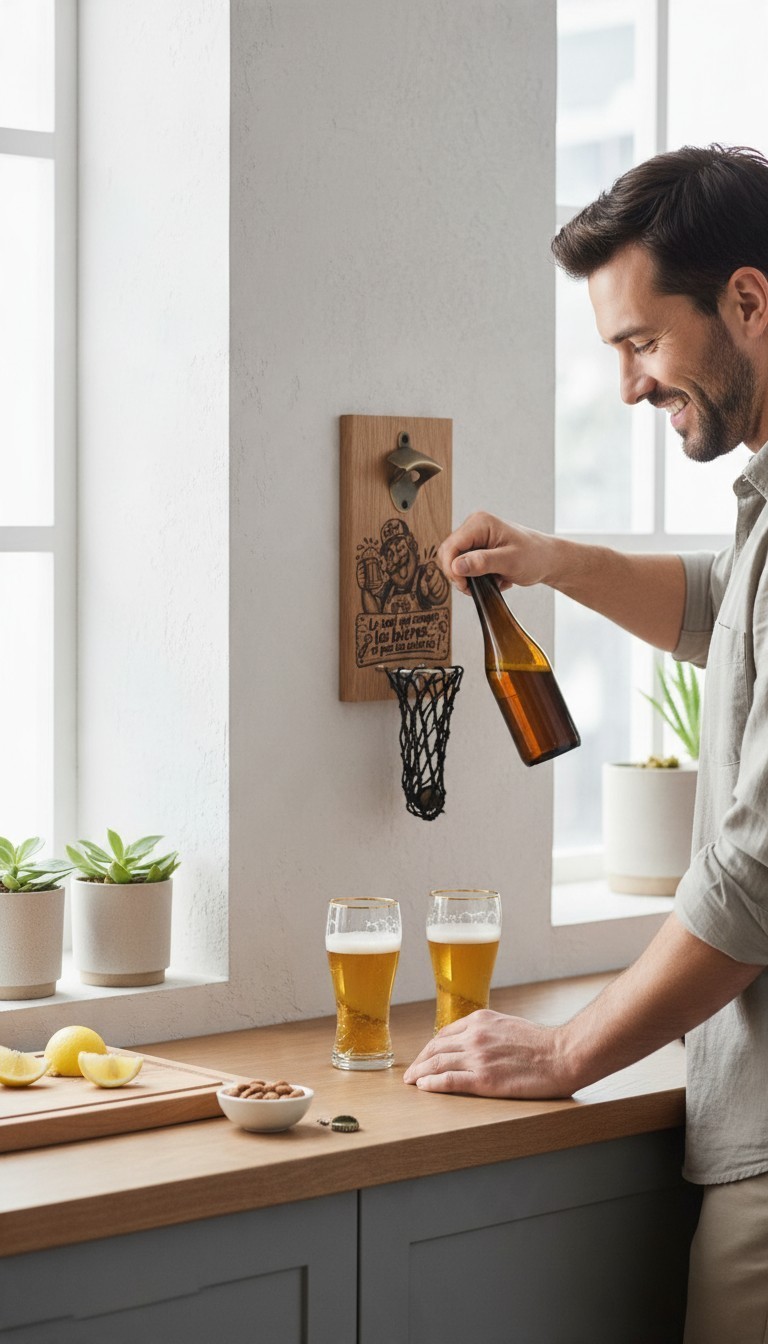 Décapsuleur mural en chêne avec panier