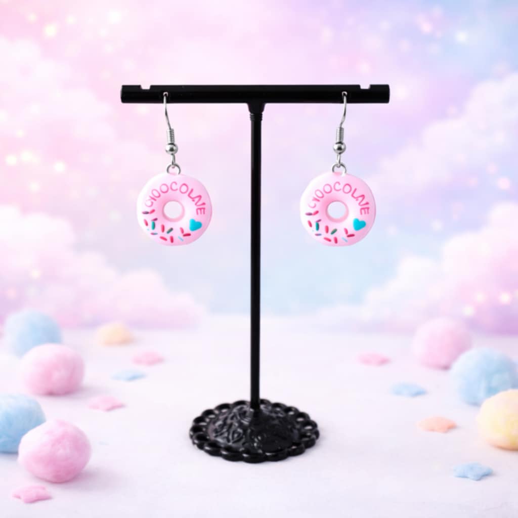 Pendantes argentées Donuts chocolat rose