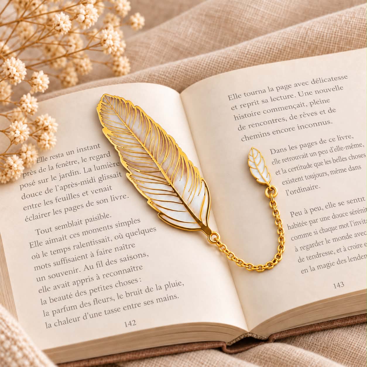 Marque page Plume blanche et dorée 1