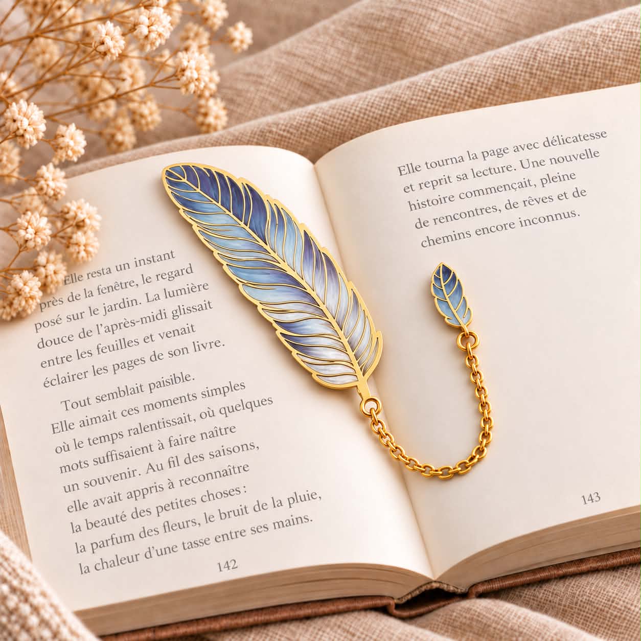 Marque page Plume bleue et dorée 1