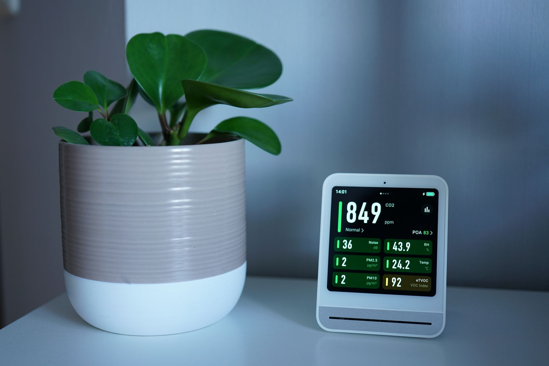 Moniteur de qualité de l’air posé sur un bureau près d’une plante