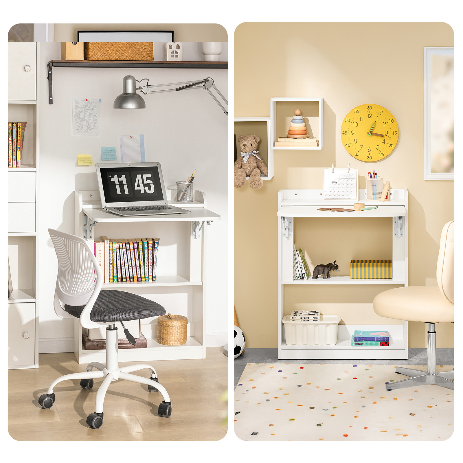 Deux mises en situation du bureau pliant avec rangements