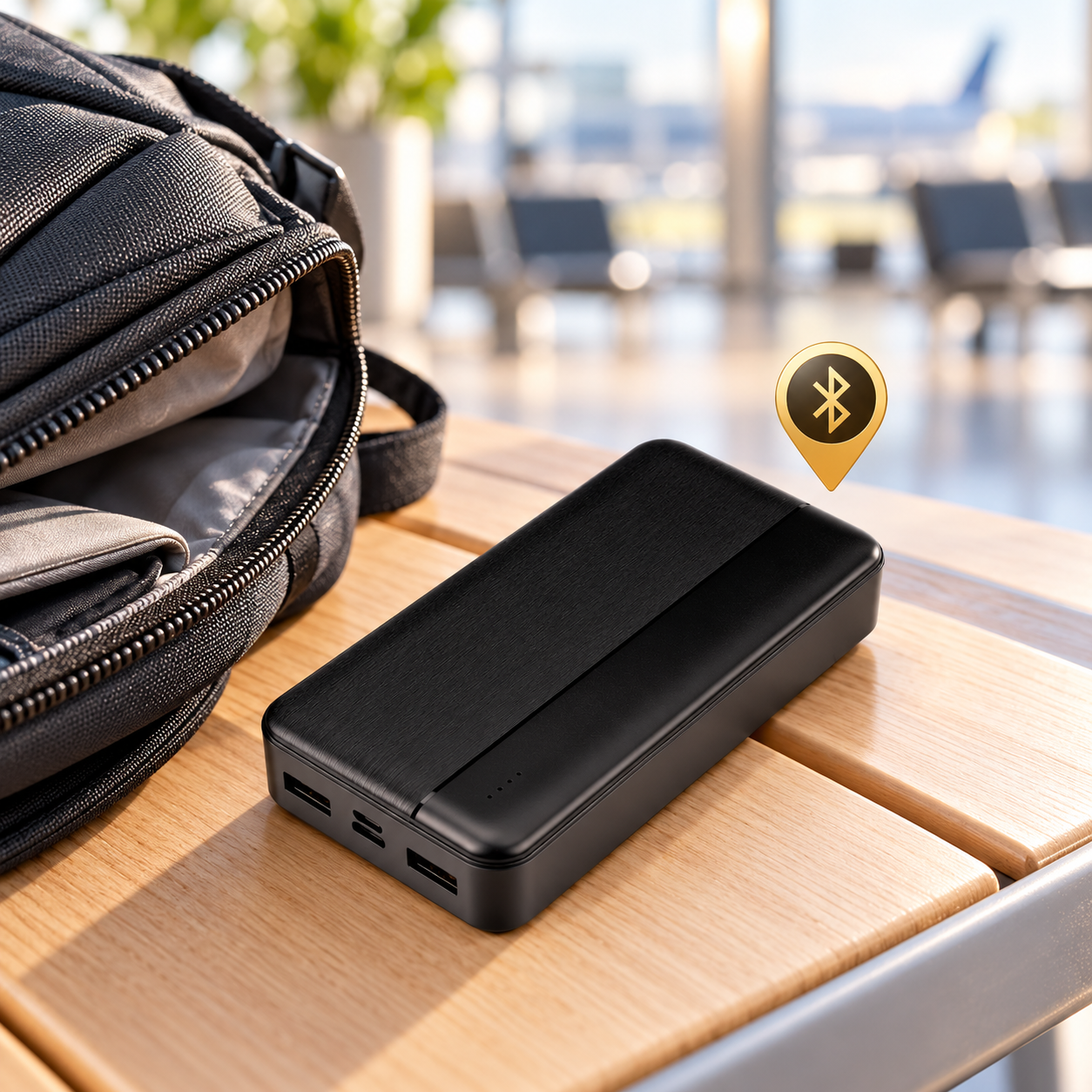 Power bank con localizzatore Bluetooth nascosto vicino a una borsa da viaggio