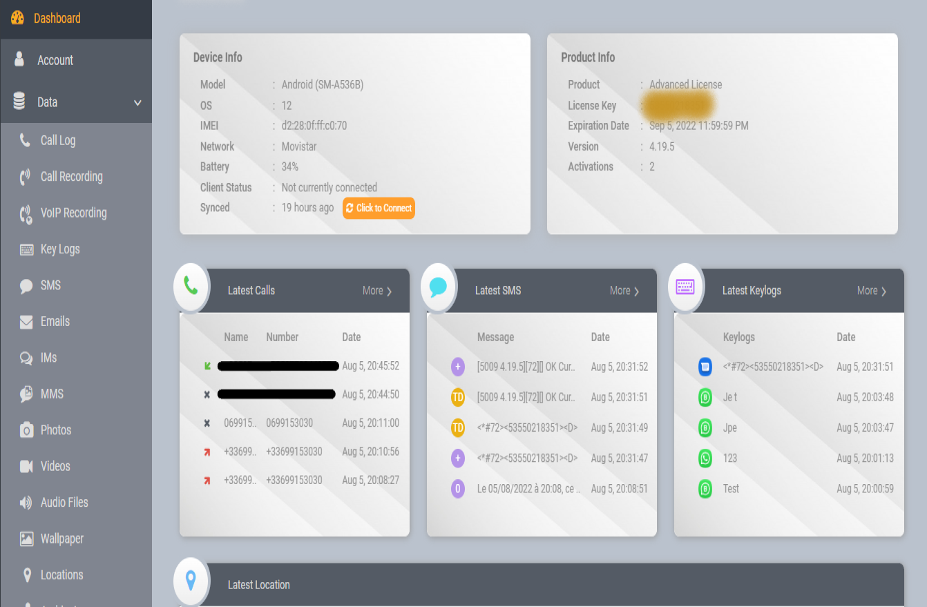 Interface logiciel espion - Android iOS 2