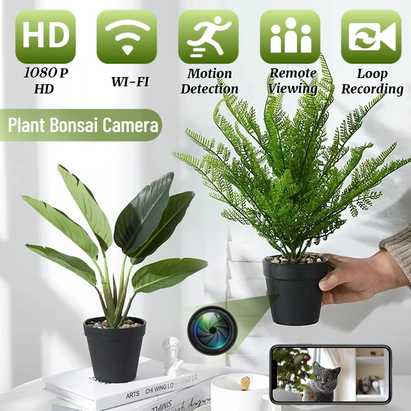 Kunstplant met verborgen 4K wifi camera – functies in een illustratie