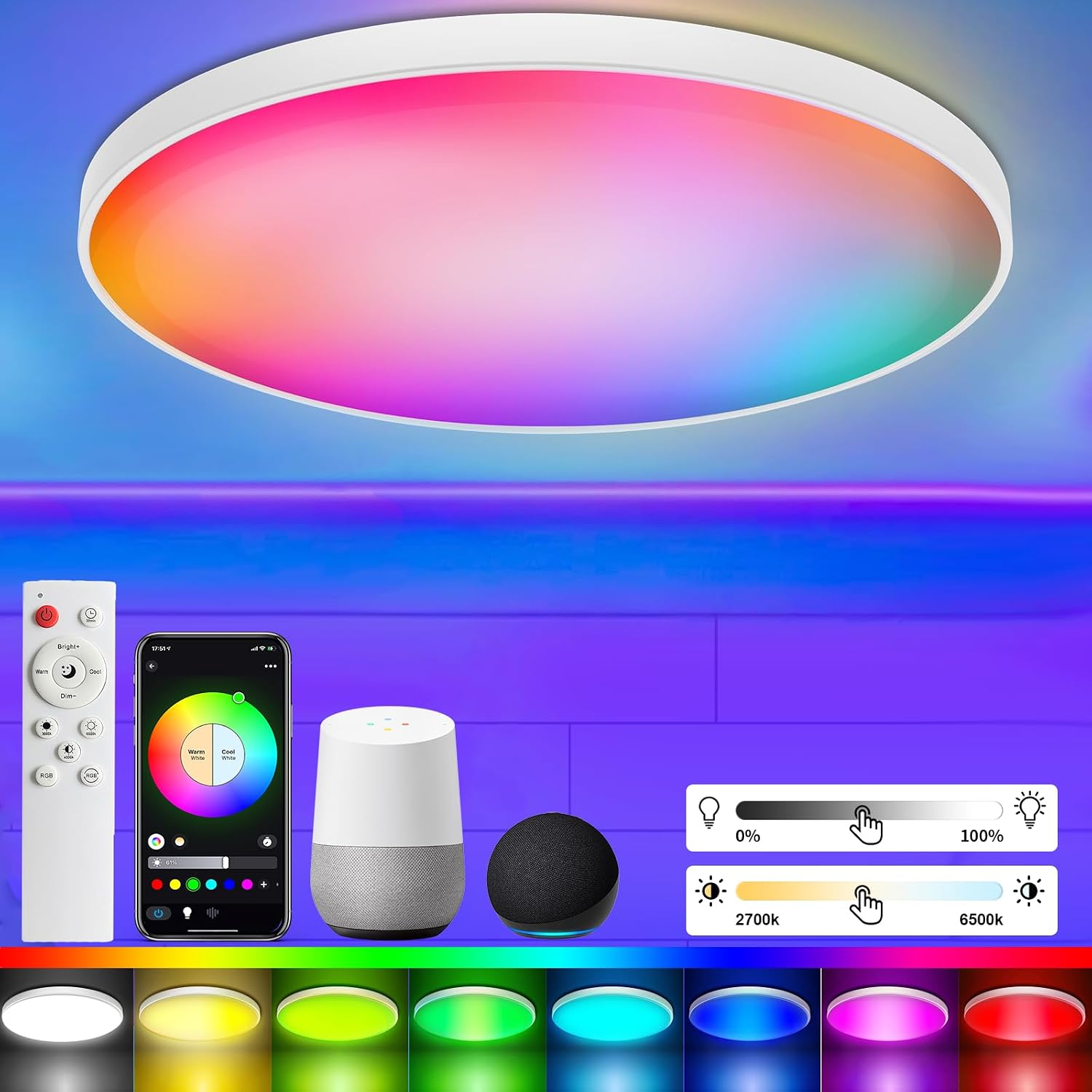 RGB-plafondlamp met gekleurd licht, afstandsbediening en app