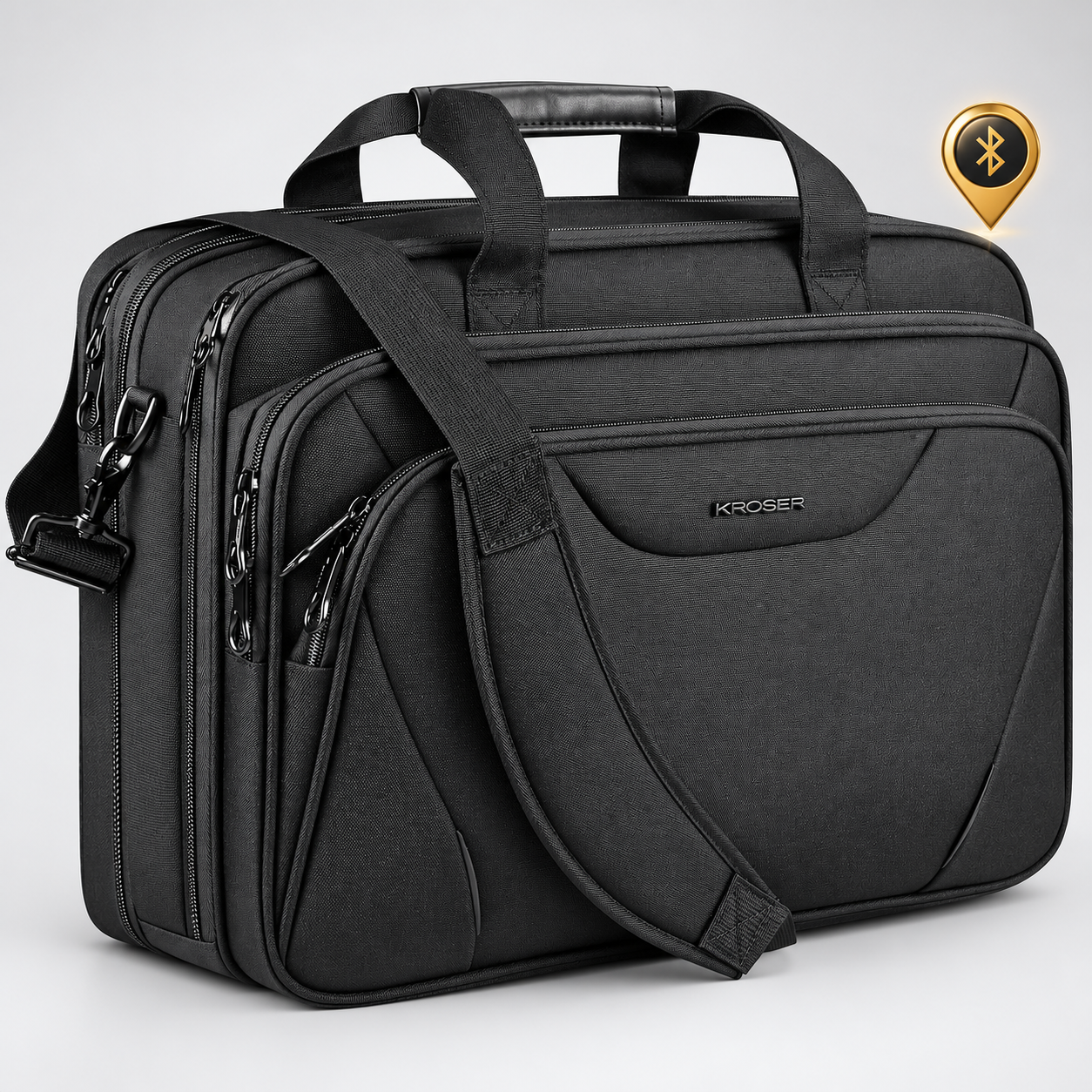 Driekwartaanzicht van de zwarte laptoptas met verborgen Bluetooth-tracker
