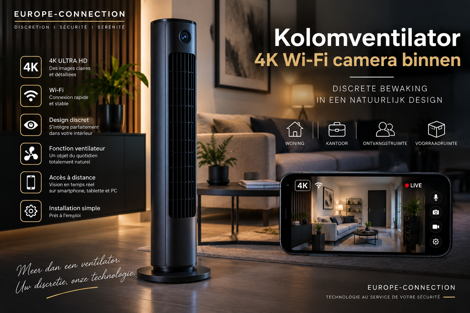 Kolomventilator 4K Wi-Fi camera binnen: discreet toezicht in een vaste ruimte